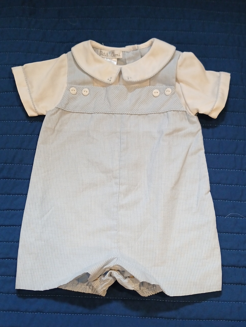 Petit Ami Blue & Cream Gingham Baby Romper